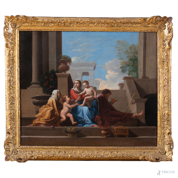 Sacra famiglia in un'architettura classica, XVIII secolo, olio su tela, cm 52,5x60,5, entro cornice, (lievi segni di usura e craquelure)