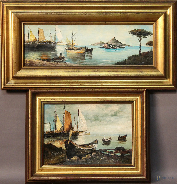 Lotto di due dipinti ad olio su cartone ed olio su tavola raffiguranti paesaggi marini, misura max 46x15 in cornici firmati