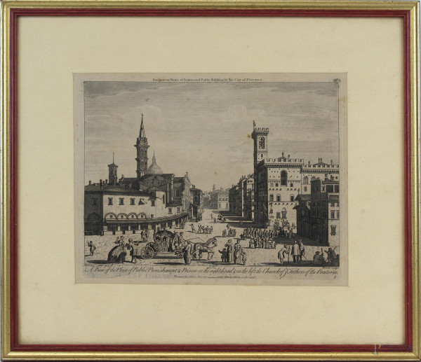 Veduta della Badia Fiorentina e del Palazzo del Potestà a Firenze, incisione inglese del XVIII secolo, cm 21x27, entro cornice.