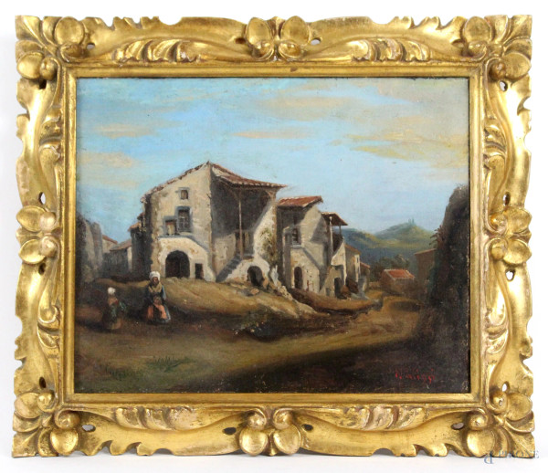 Scorcio di paese con figure, olio su tela, cm 23x18, firmato N. Palizzi, entro cornice