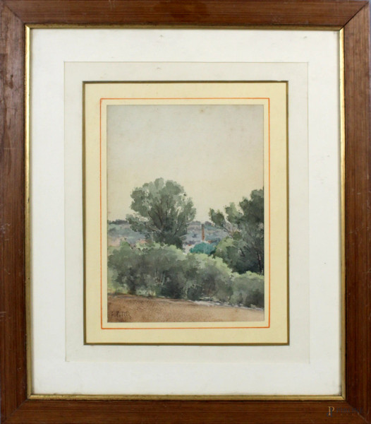 Paesaggio con alberi, acquarello su carta, cm. 23x17, firmato, entro cornice.