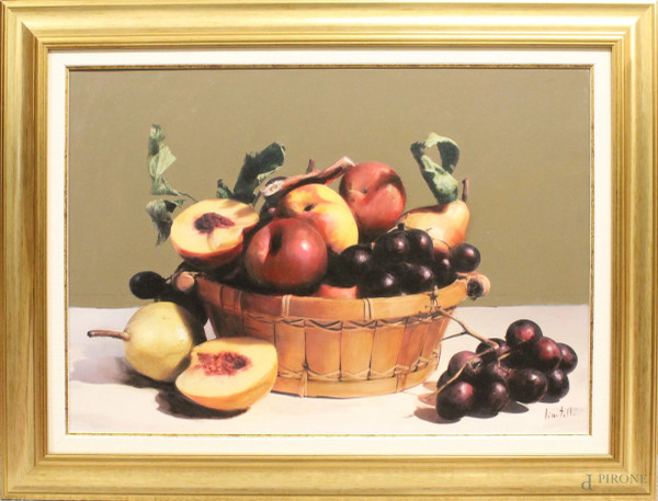 Ciccotelli Beniamino - Natura morta, frutta,dipinto olio su tela, cm. 50x70, entro cornice.