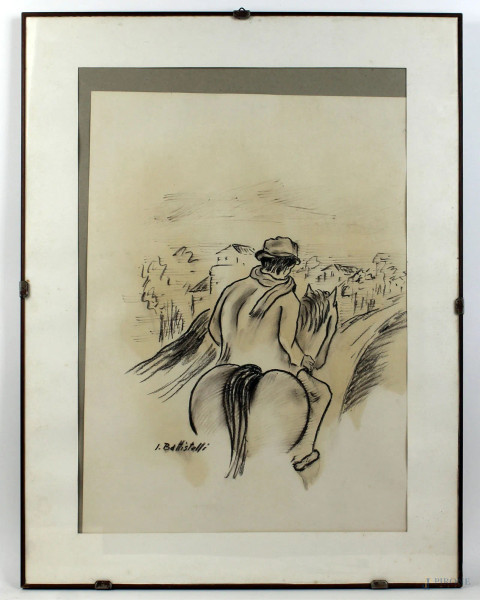 Uomo a cavallo, disegno a carboncino su carta, cm 48x33, firmato I. Battistelli, entro cornice