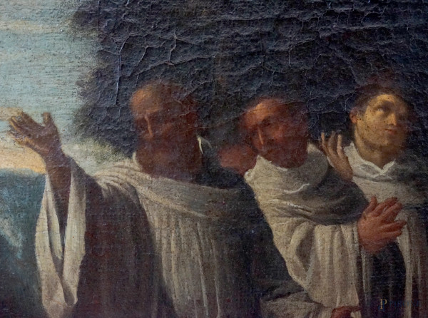 Pittore bolognese del XVII secolo, San Benedetto scaccia il diavolo, olio su tela, cm 145,5x97