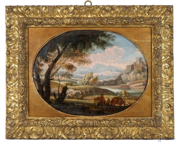 Pittore del XVIII secolo, Paesaggio con figure ed armenti, olio su tela, cm 24,5x31, entro cornice ad assetto ovale.