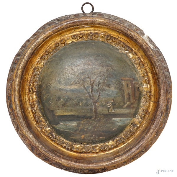 Paesaggio con viandante, olio su tavola convessa con cornice scolpita, XVIII-XIX secolo, diametro cm 30, (difetti)