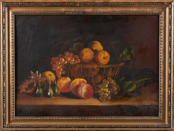 Natura morta di frutta,  XX secolo, olio su tela, cm 50x70, siglato in basso a destra, entro cornice, (lievi segni di usura, craquelure)