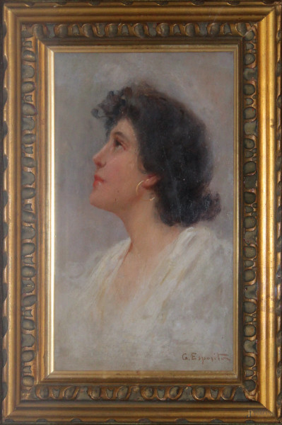 Ritratto di donna, olio su legno, 27x16 cm, entro cornice