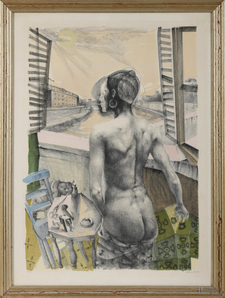 Ugo Attardi (1923-2006), Sempre sognava Rona, litografia es. 46/110, cm 76x56, firmato in basso a destra, entro cornice, (lievi bruniture)