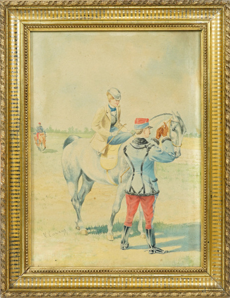 Passeggiata a cavallo, acquerello su carta applicata su cartone, firmato in basso a destra, cm 35x25, entro cornice.