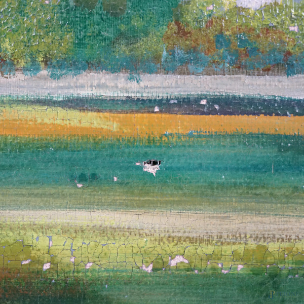 Paesaggio con case, olio su tela, XX secolo, cm 30x35 (difetti)