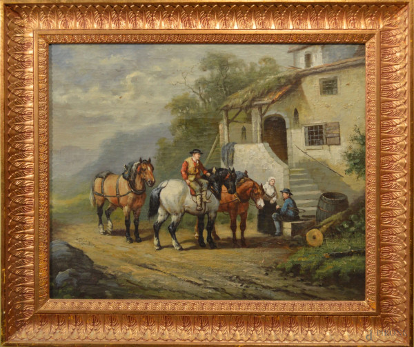 Paesaggio con cavalli, olio su tavola 60x50 cm, entro cornice.