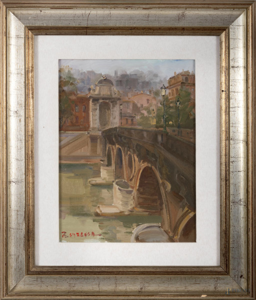 Rinaldo Caressa (Roma, 1929 – 2009), Ponte Sisto, olio su tela, firmato in basso a sinistra "R. Caressa", cm 40x30, entro cornice