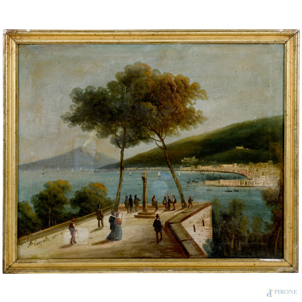 Antonio Coppola (1850 - dopo 1916), Veduta di Posillipo, olio su tela, cm 50,5x62,5, firmato e datato 1890 in basso, entro cornice (cadute di colore, fessurazioni, mancanza tensione della tela)