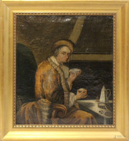 Pasto frugale, olio su tela, XVIII secolo, cm. 50x45, entro cornice.