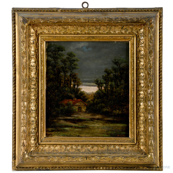 Casolare nel bosco, olio su tela, XIX-XX secolo, siglato in basso a destra, cm 24,5x21 entro cornice, (piccole cadute di colore ai margini della composizione; al retro toppa a riparazione di foro)