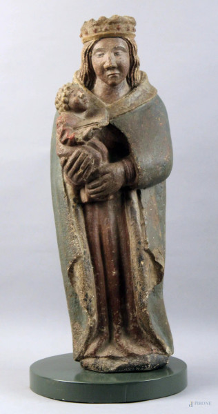 Scultore nord europeo del XVI  sec, madonna con bambino, scultura in pietra dipinta, poggiante su  supporto in metallo, altezza 55,5 cm.