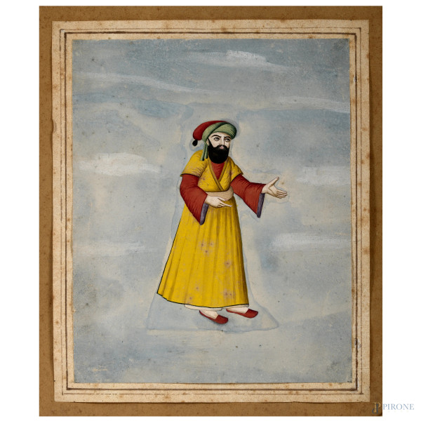 Acquerello su carta raffigurante figura mediorientale, XX secolo, cm 20x17, entro cornice, (gore, umidità, ondulazioni della carta)
