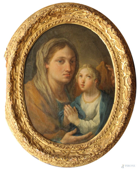 Madonna con bambino in preghiera, olio su tela ad assetto ovale, 46x34 cm, XIX sec., entro cornice coeva.