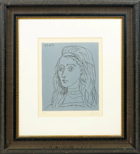Pablo Picasso - Jaqueline, linoleografia, cm 30,5x25,5 circa, esemplare H.C., entro cornice.