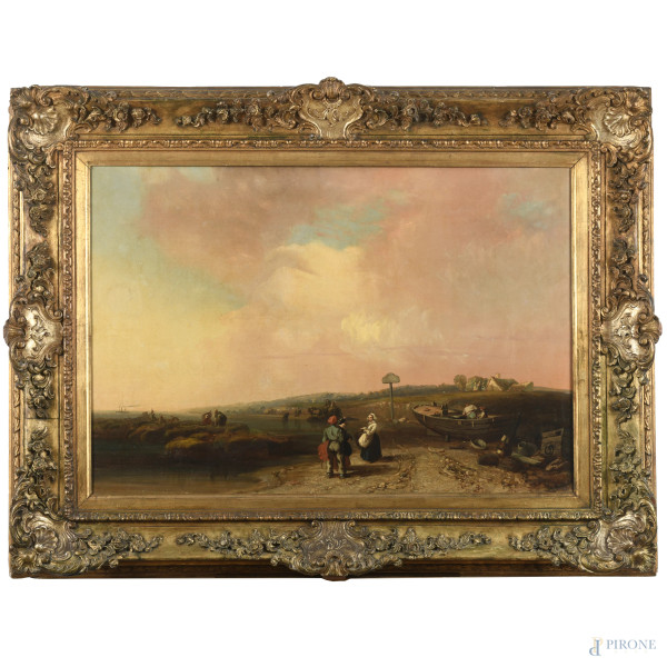 Sulla costa, XIX secolo, olio su tela, cm 64x95, firmato in basso a destra, entro cornice