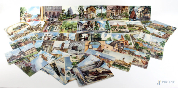 Lotto di quarantanove cartoline raffiguranti scorci di citt&#224; italiane tratte da opere di Aldo Raimondi, cm.15,5x10,5, XX secolo.