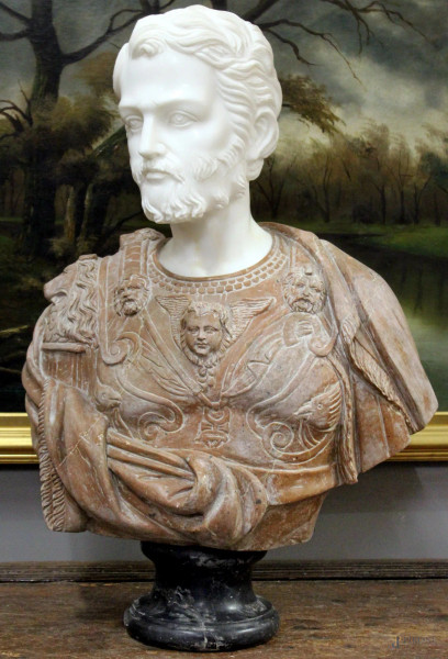 Busto di Cosimo I d&#233; Medici, scultura in marmo, XX secolo, altezza 74 cm, (restauri).