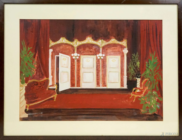 Tre porte - Studio per scenografia allestita, tecnica mista su carta, cm 35,5x50, firmato e datato Franco Tosi 1960, entro cornice.
