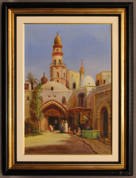 Vincenzo Udine - Moschea, olio su tela, cm 66 x 45,5, con  scritta a tergo Moschea, Cairo, Egitto 1936, entro cornice.