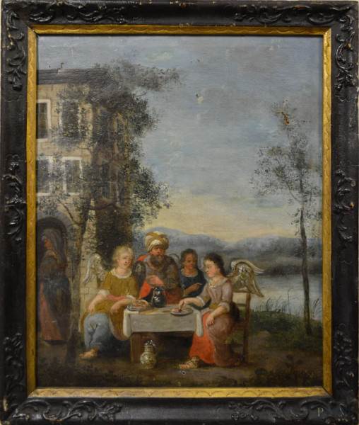 Scena biblica , olio su tela  48x38 cm entro cornice ebanizzata e dorata, XVIII sec°.