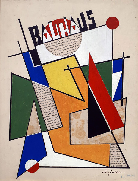 Otto Gunther (XX sec.) Composizione geometrica, tecnica mista su tavola, cm 40x30, firmato, con c...
