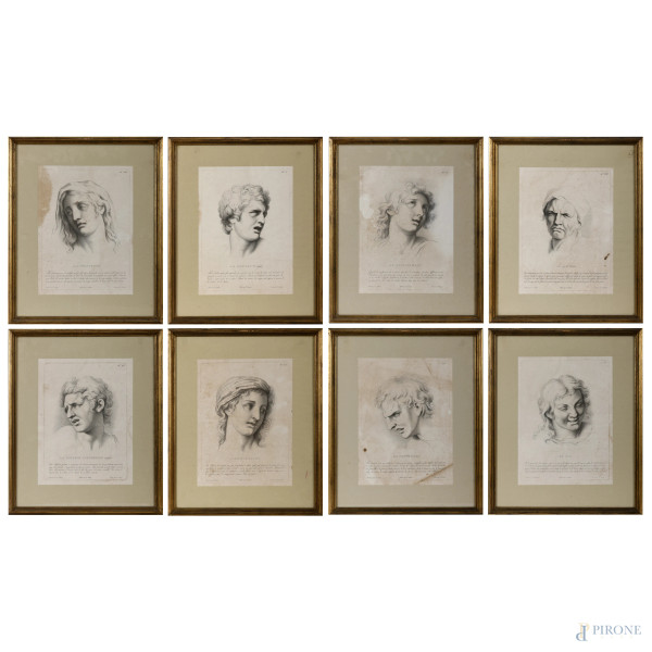 Lotto di 8 tavole incise da P.Zancon da Charles Le Brun, Espressions des passions de l'Ame, XVIII,XIX secolo, cm 35,5x26,5, entro cornice, (difetti)