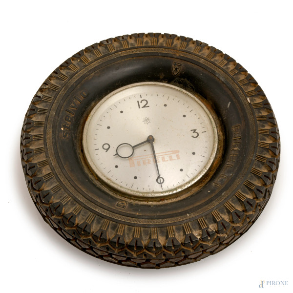 Orologio da tavolo vintage a forma di pneumatico "Stelvio" Pirelli, diametro complessivo cm 17, (difetti, da revisionare)