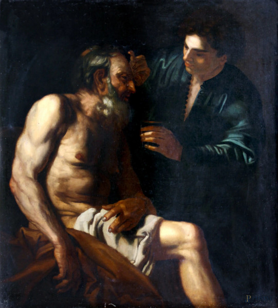 Pittore del XVII sec., Tobia guarisce il padre cieco, olio su tela, cm 118 x 106, entro cornice.
