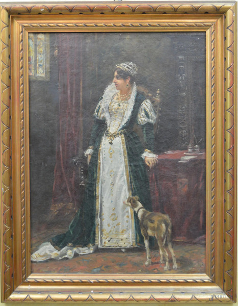 Interno con dama e cane,olio su tela 44x62 cm, entro cornice, XIX sec.