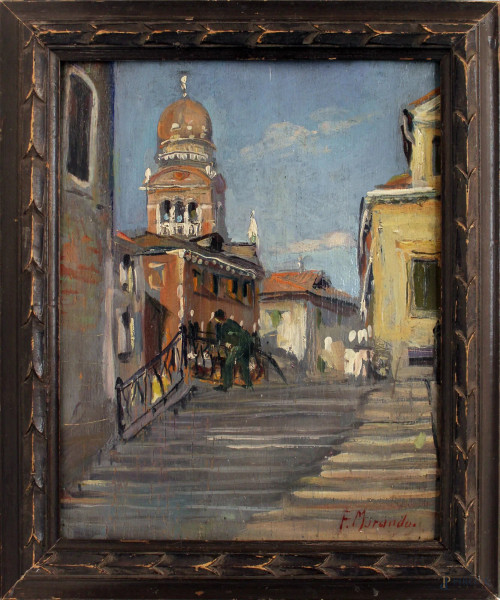 Scorcio di Venezia, olio su tavola, cm 28x22, firmato F. Morando, entro cornice.