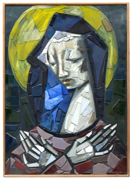 Nicoletta Galli - Madonna, tecnica mista e mosaico di vetri colorati su tavola, cm 50x75, firmato, entro cornice.