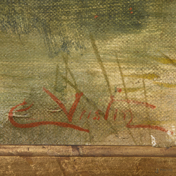 Paesaggio fluviale con figure, XIX-XX secolo, olio su tela, cm 45,5x81,5, firmato in basso a sini...