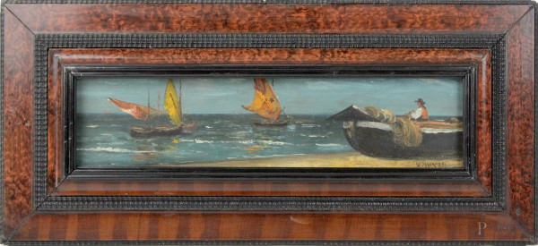 Marina con imbarcazioni , olio su tavola, cm. 11x43,5, firmato U. Manaresi, entro cornice.