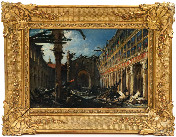 Pittore attivo nella prima metà del XIX secolo, La Basilica di San Paolo fuori le mura dopo l'incendio del 1823, olio su tavola, cm 19,5x28, in cornice.
