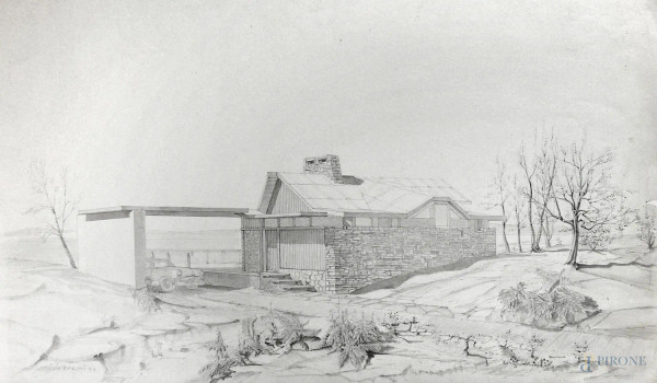 Progetto architettonico per villa, raffinato disegno a matita su carta, anni '50, cm 38x62, firmato Attilio Efrati (XX sec.) e datato in basso a sinistra