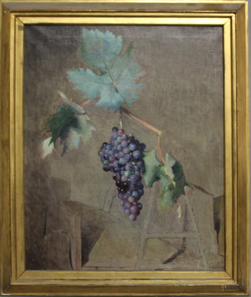 Pampino d&#39;uva, olio su tela, XX sec., cm 55 x 45, entro cornice.