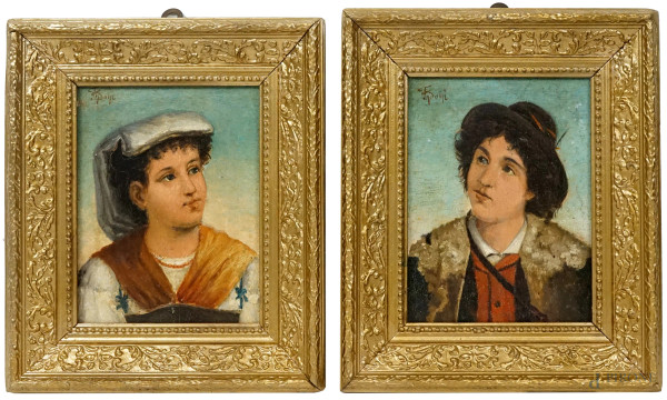 Ritratti di popolana e pastorello, coppia di dipinti ad olio su tavola, cm 23x18, firmati in alto a sinistra, entro cornici.