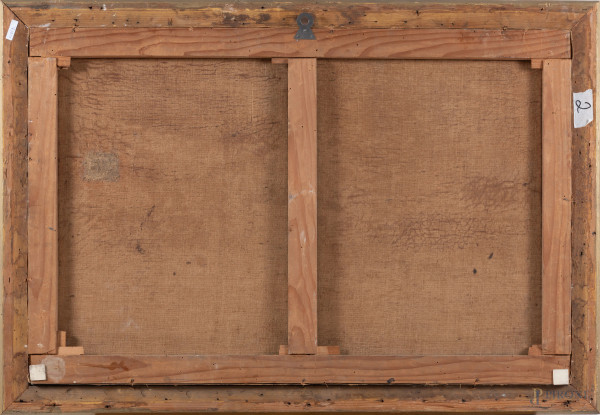 Costiera con case e pescatori, XX secolo, olio su tela, cm 66x101, firmato in basso a destra, ent...