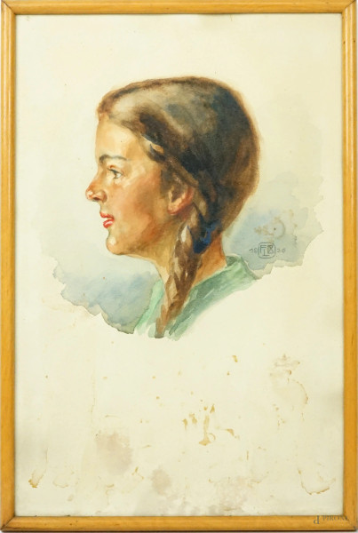 Ragazza con treccia, acquarello su carta, cm 45x29,5, siglato e datato 1936, entro cornice, (macchie sulla carta).