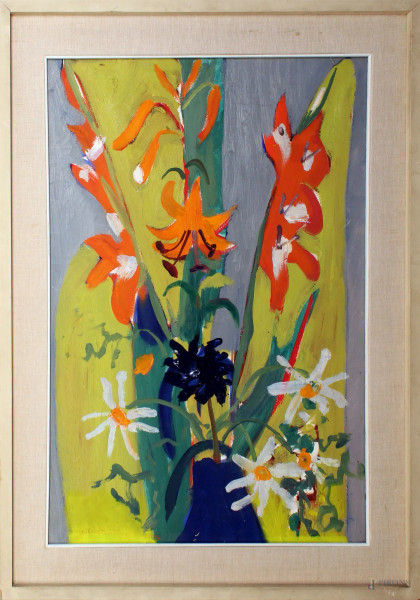 Natura morta con fiori, olio su tela, cm 70x50, firmato Colantoni, entro cornice.