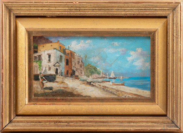 Scorcio di costa, XX secolo, olio su tavoletta, cm 13x23,5, firmato in basso a destra, entro cornice, (segni di usura, fori di tarlo)