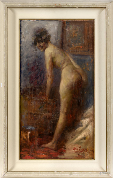 Giovanni Panza (Napoli 1894 - 19899), Nudo di spalle, olio su compensato, firmato in basso a destra, cm 55x29,5, (difetti)
