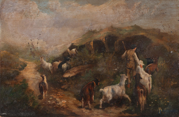 Paesaggio con pastore e caprette, XIX-XX secolo, olio su tavoletta, cm 20x30, (segni di usura, supporto imbarcato, abrasioni)
