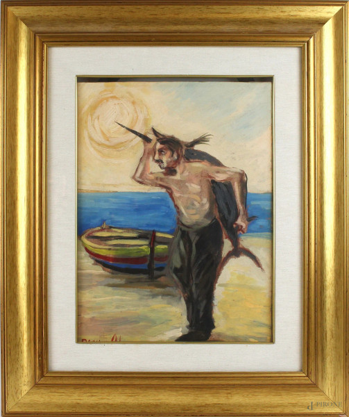Pescatore di Calabria, olio su tela, cm. 30x40, firmato, entro cornice.
